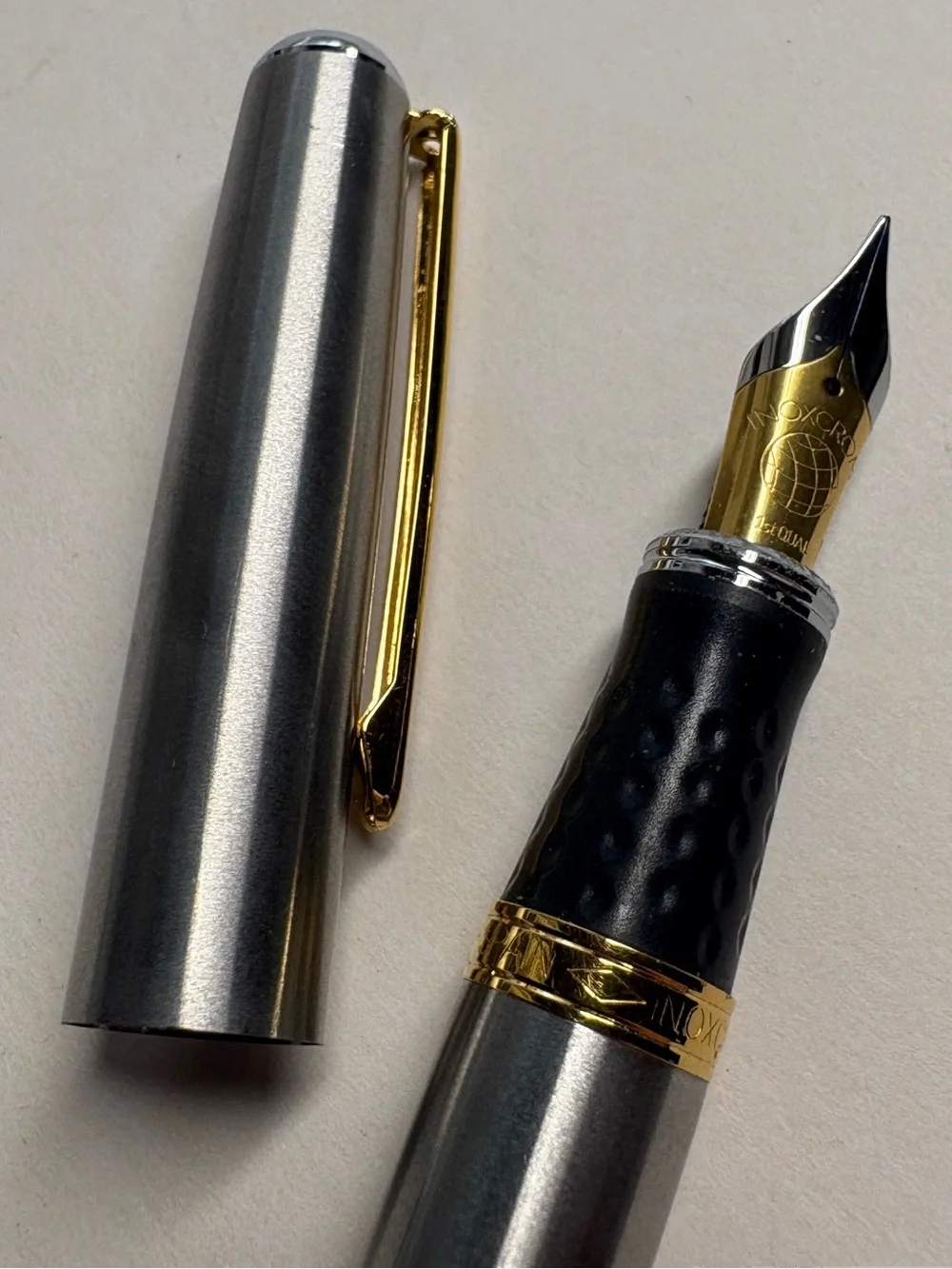Vintage Inoxcrom Fountain Pen Silver Tone Gold Tone Trim Black Grip Spain